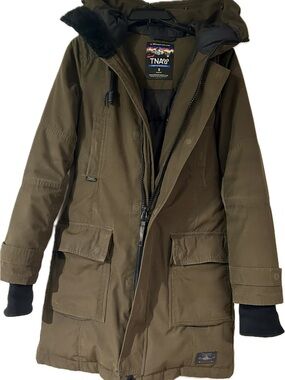 TNA Aritzia Olive Khaki Hooded Bancroft Parka- Size Small- Women's Winter Coat